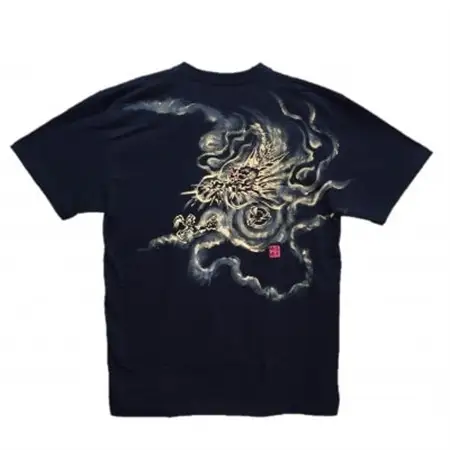 手描きTシャツ 日本画 龍神 黒 (半袖 Sサイズ)【1615186】