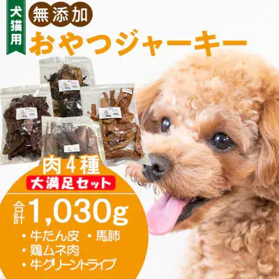 【大満足セット】犬猫用 無添加おやつジャーキー 肉4種詰め合わせ 牛たん皮・馬肺・鶏ムネ肉・牛グリーントライプ 総量1030g [143O26]