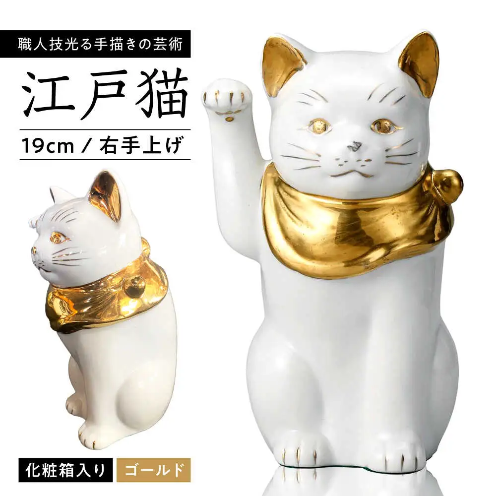 【瀬戸焼】江戸猫 ホワイト 本金 右手上げ 19cm 化粧箱入り【スズカ】 / 招き猫 インテリア 雑貨 置き物 開運 / 瀬戸市 [BBDJ001]