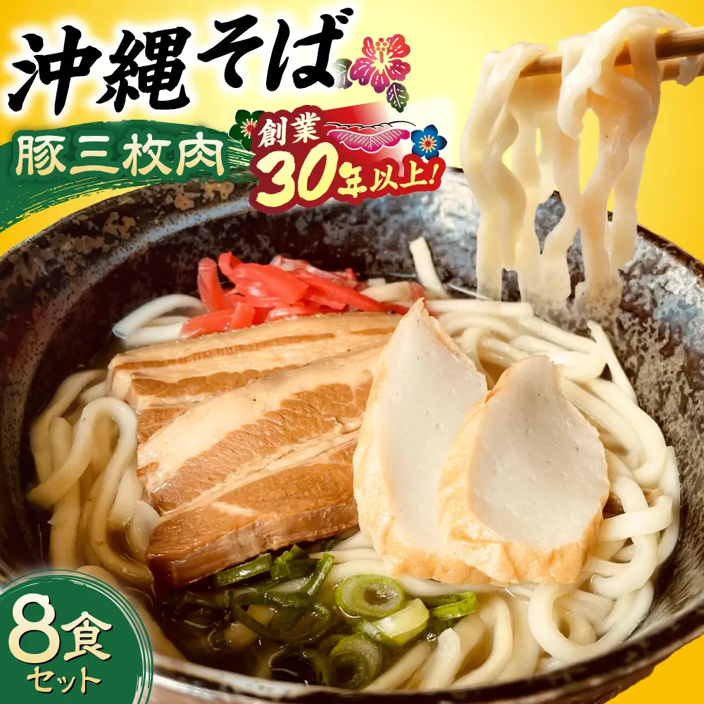 沖縄そば (豚三枚肉) 8食セット   BCAO004 そば 