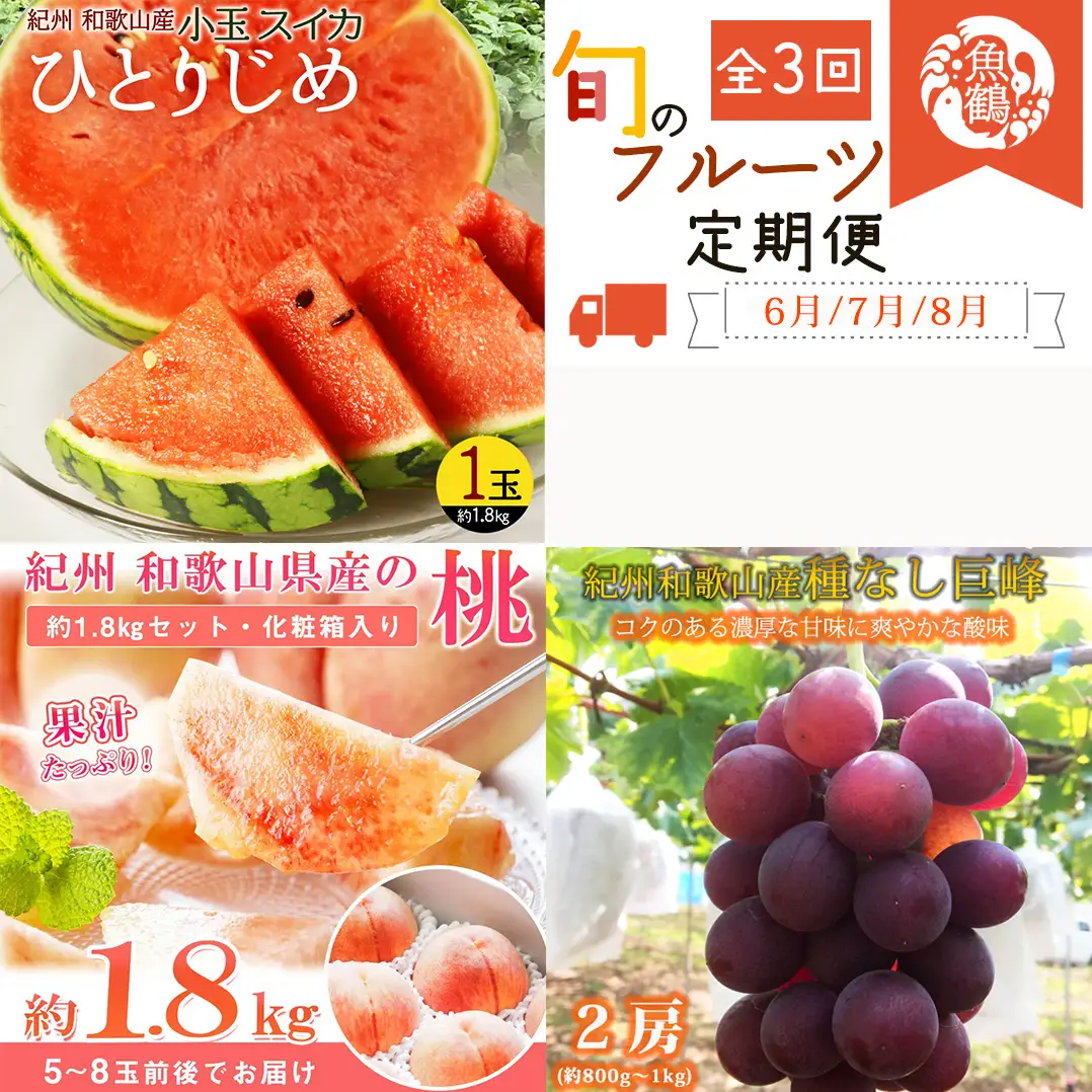 【全3回】紀州和歌山産旬のフルーツ定期便 (スイカ・桃・巨峰) / すいか スイカ もも 桃 白桃 巨峰 ぶどう 果物 くだもの フルーツ フルーツ定期便 和歌山【tkb420】 