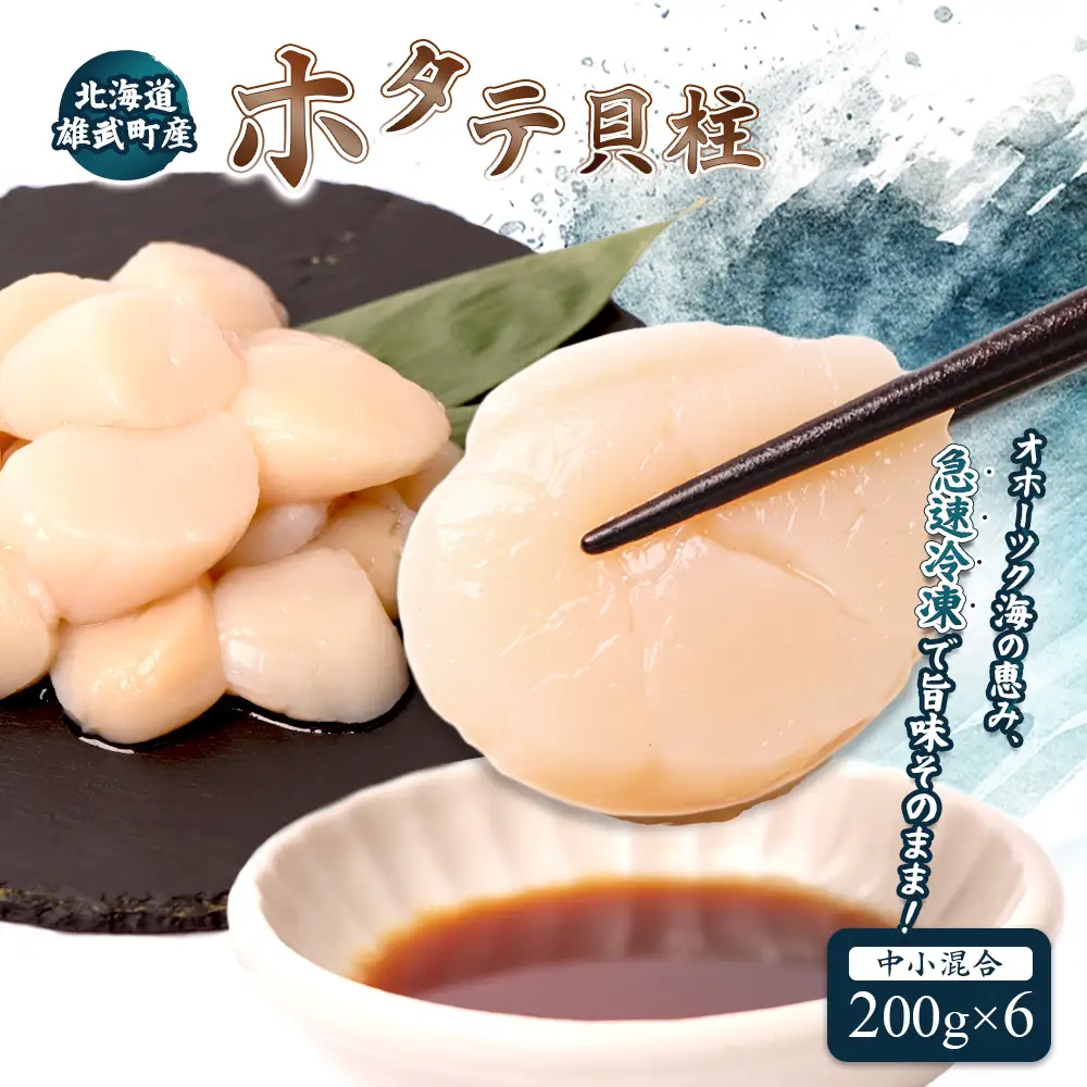 北海道雄武町産ほたて貝柱 中小混合 200g×6 (冷凍) 使い切りパック【0713502】
