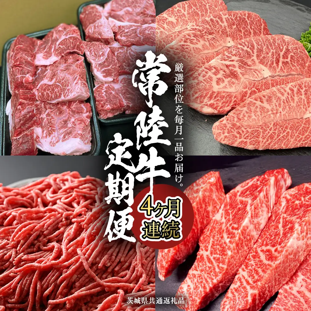 【 常陸牛 】 4ヶ月連続定期便！厳選部位を毎月１品お届け (茨城県共通返礼品) 希少部位 国産黒毛和牛 黒毛和牛 国産 国産牛 和牛 牛肉 お肉  お肉 肉 牛 専門店 ひたち牛 ブランド牛 A4 A5 ランク イチボ ミスジ ステーキ すね肉 挽肉 ブランド 冷凍 BBQ バーベキュー 焼肉 煮込み トロトロ とろとろ 藤井商店 [CD083sa]