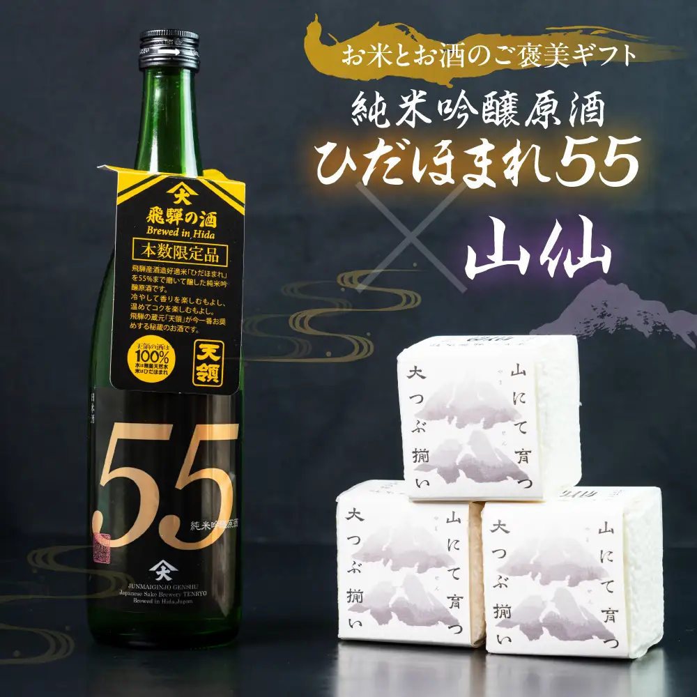 純米吟醸原酒 ひだほまれ55 720ml 1本・山仙キューブ米3個（1個 300g）【2-48】