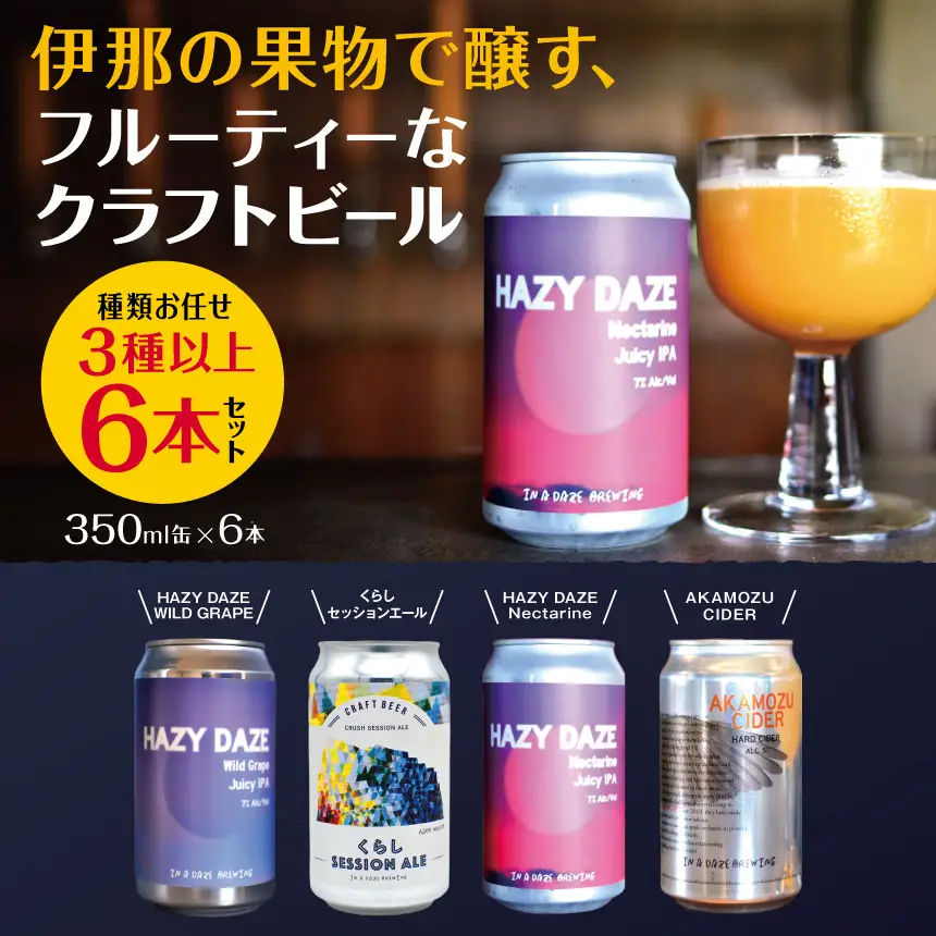 伊那の果物で醸す、フルーティーなクラフトビール6本セット　350mL缶×6本（種類お任せ　3種以上）【017-17】