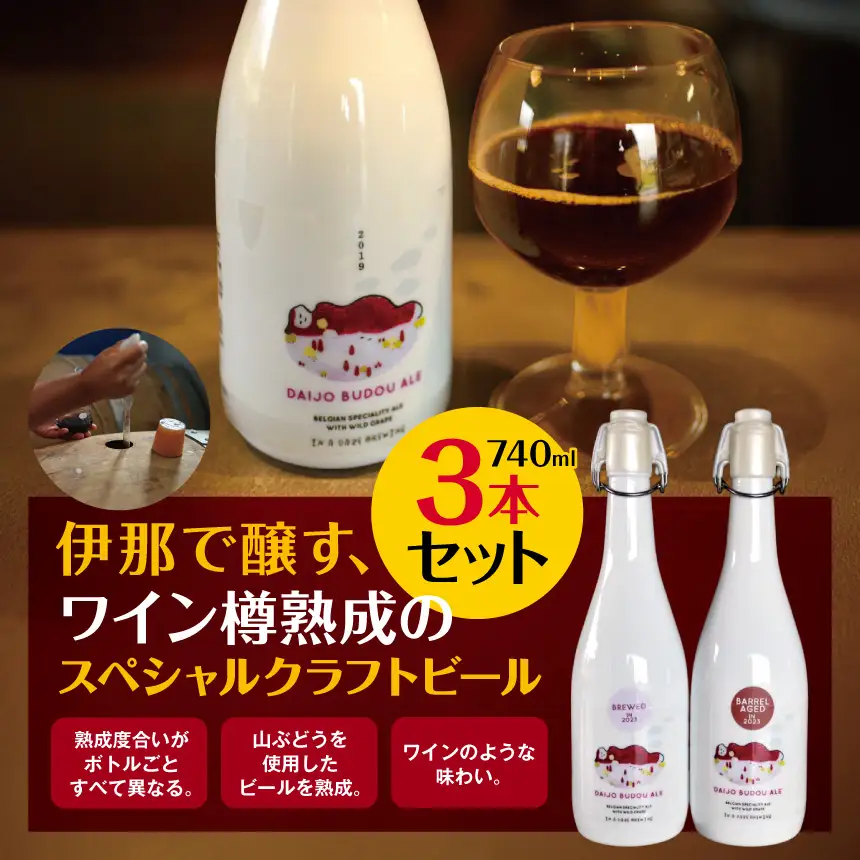 伊那で醸す、ワイン樽熟成のスペシャルクラフトビール740ml×3本セット　（熟成度合いがボトルごとすべて異なります。山ぶどうを使用したビールを熟成。ワインのような味わい）【037-13】