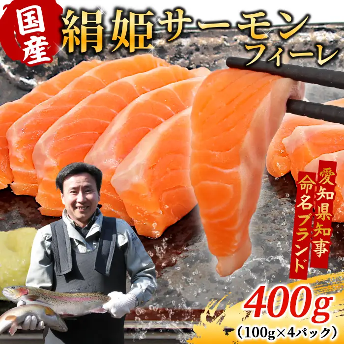 国産サーモン 生食可 無添加 絹姫サーモン カット 400g（100g×４) スペシャルトラウトサーモン 冷凍フィーレトラウトサーモン 鮭 魚 刺身 お刺身 ご当地 天然 産地直送 川育ち 味付けなし 魚介 魚介類 -121