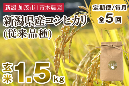 【令和8年産新米先行予約】【定期便5ヶ月毎月お届け】新潟県産 コシヒカリ（従来品種）玄米1.5kg（1.5kg×1袋）《10月上旬から順次発送》