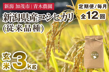 【令和8年産新米先行予約】【定期便12ヶ月毎月お届け】新潟県産 コシヒカリ（従来品種）玄米3kg（3kg×1袋）《10月上旬から順次発送》