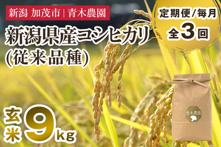 【令和8年産新米先行予約】【定期便3回毎月お届け】新潟県産 コシヒカリ（従来品種）玄米9kg（3kg×3袋）《10月上旬から順次発送》