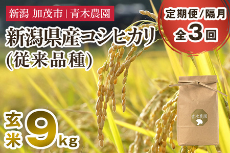 【令和8年産新米先行予約】【定期便3回隔月お届け】新潟県産 コシヒカリ（従来品種）玄米9kg（3kg×3袋）《10月上旬から順次発送》