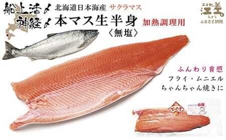 船上活〆北海道日本海産 本マス〈サクラマス〉生半身　加熱調理用　ふんわり食感　癖のない上品な旨みと脂のり　「鮭より美味い」という評判も　神経締め　活締め　桜鱒　サーモン