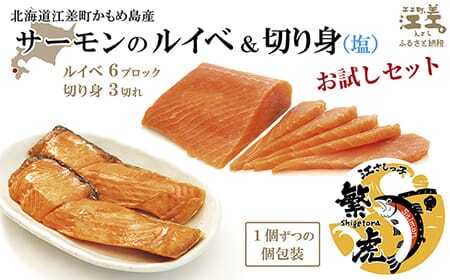 北海道産 サーモンのルイベ〈冷凍刺身〉＆切り身（塩）セット　お刺身用ブロック 6個　切り身3切れ　小分けの食べ切りサイズ個包装　純国産ブランドサーモン『江さしっ子 繁虎』　「浜のかあさん」手作り　活締め加工　新鮮真空パック冷凍　保存料不使用　北海道江差産トラウトサーモン　刺身　カルパッチョ　マリネ　塩鮭　焼き鮭