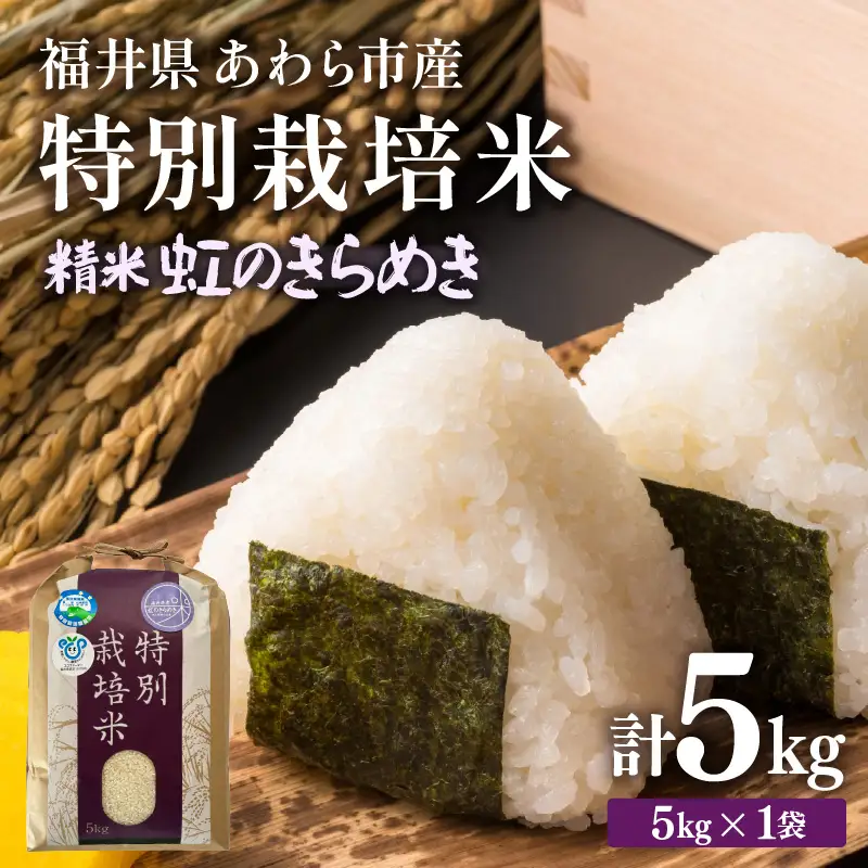 【先行予約】【令和8年産】化学肥料不使用 虹のきらめき 精米 5kg / 白米 米 福井県あわら市産 美味しい 特別栽培米 減農薬 安心な米 旨味 甘み もっちり 冷蔵保管米 ※2026年9月下旬以降順次発送 [aw010-a048]