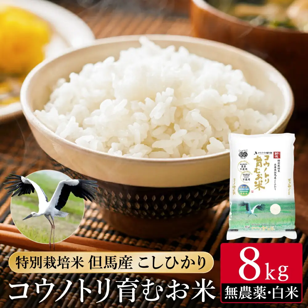 令和7年産 無農薬 白米 8kg コウノトリ育むお米 但馬産 こしひかり 兵庫県産(2kg×4袋)（94-001）無農薬 お米 8キロ 精米 白米 コウノトリ米 コシヒカリ 農薬不使用 特別栽培米 予約 コメ こめ ご飯 ライス 無農薬米