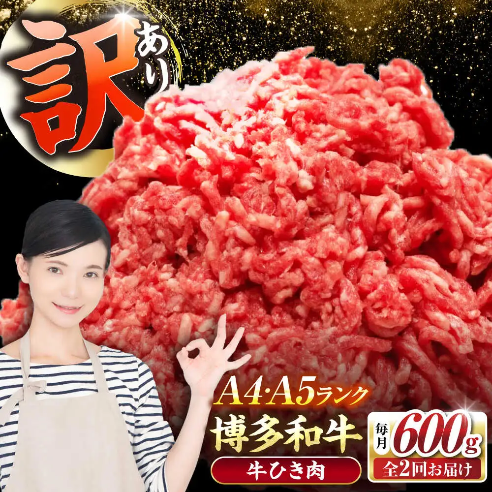 【全2回定期便】【訳あり】 博多和牛 100％ ミンチ (挽肉) 600g（300g×2個） [VDZ092] ひき肉 牛肉 ハンバーグ