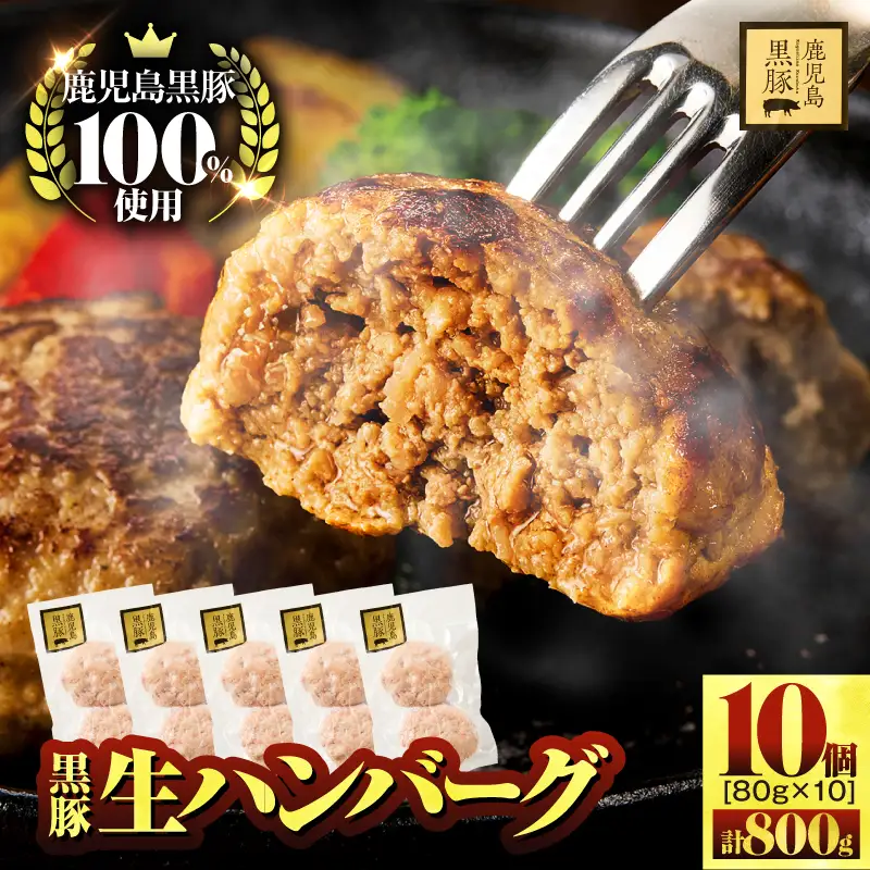 鹿児島県産 黒豚 生 ハンバーグ 800g（80g×10個） KN054-013 肉 豚肉 冷凍