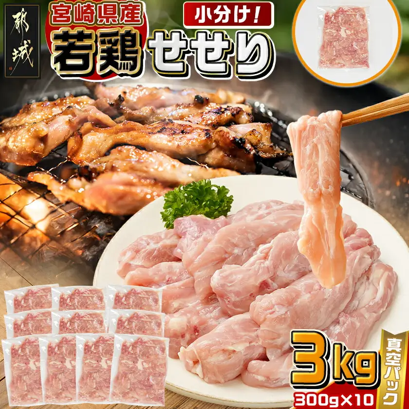 宮崎県産若鶏せせり3kg〔MJ-M603〕_(都城市) 宮崎県産 若どり 小肉 希少部位 炭焼き 焼肉 唐揚げ チキン 小分け 真空