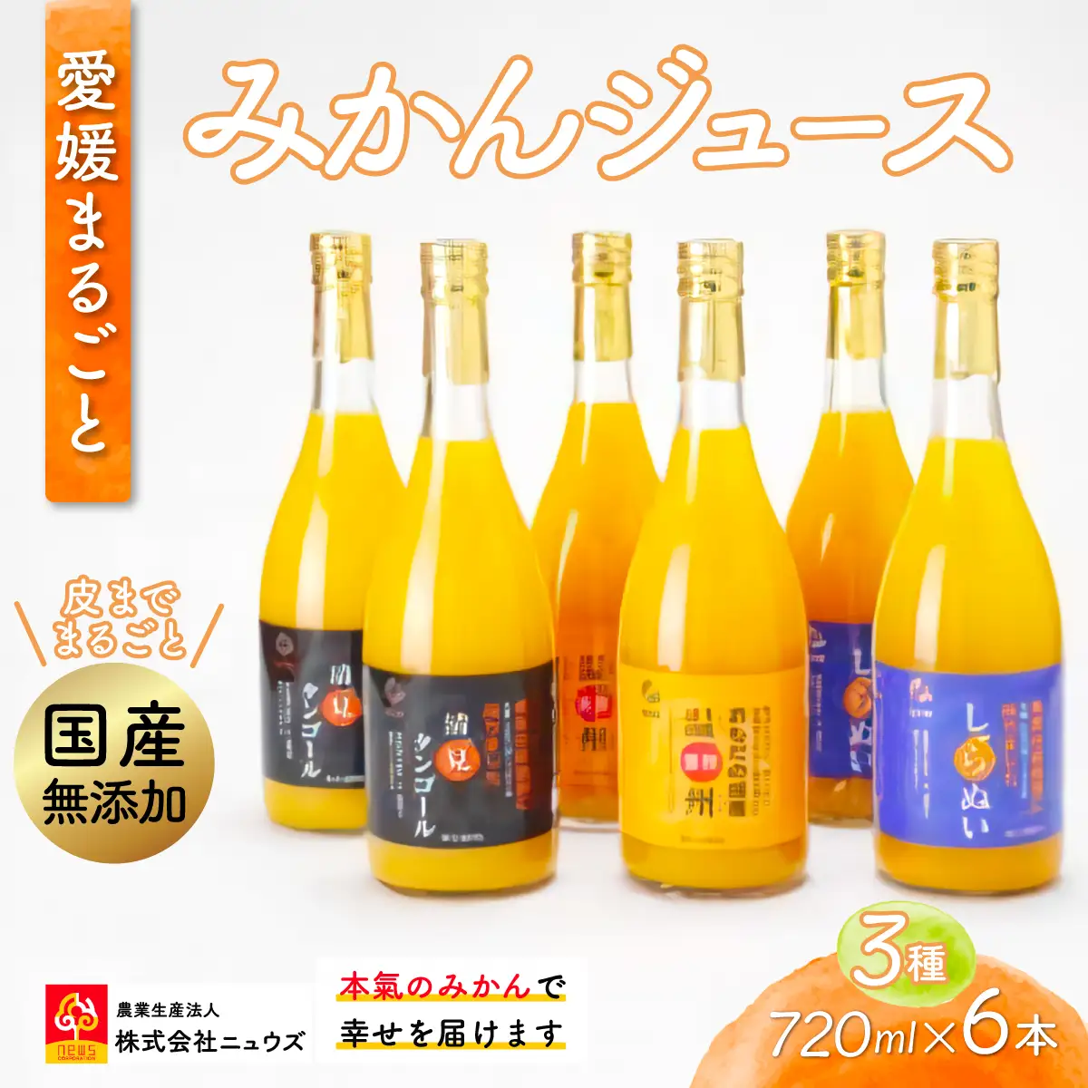 【皮までまるごと国産無添加】ジュース3種6本セット（720ml×6本）  IKTF010
