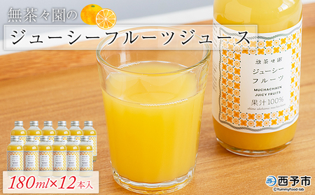 ＜無茶々園のジューシーフルーツジュース 180ml×12本＞ 柑橘 果物 オレンジ フルーツ ストレート 果汁100% じゅーしーふるーつ 河内晩柑 飲みきりやすい 小瓶 飲んで応援 特産品 無茶々園 愛媛県 西予市 【常温】『1か月以内に順次出荷予定』AMC0055