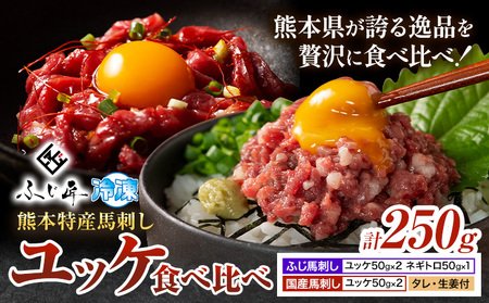 熊本 特産 馬刺し ユッケ 食べ比べ セット 250g ふじ馬刺し 国産馬刺し《30日以内に出荷予定（土日祝除く）》 熊本県 長洲町 くまもと黒毛和牛 黒毛和牛 冷凍 馬肉 馬刺し 馬 ユッケ ネギトロ たれ 生姜付き 送料無料 富士商株式会社