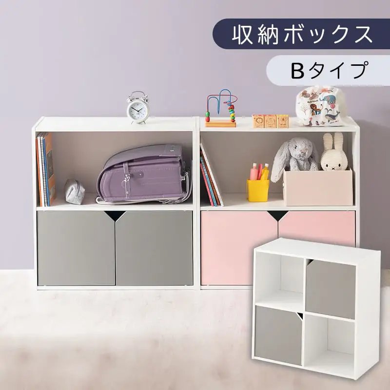 【完成品でお届け】収納ボックス〔Bタイプ〕（グレー×ホワイト）収納棚 扉付き キャビネット ラック 棚 カラーボックス スリム 2段 可動棚 本棚 収納家具 リビング LKANET300248-B-GY
