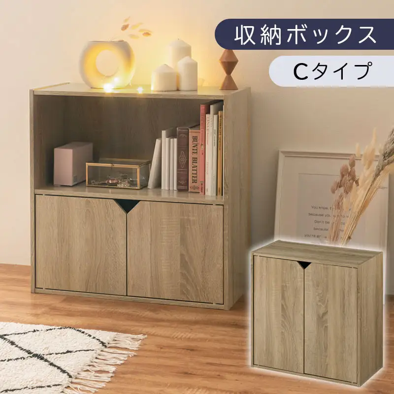 【完成品でお届け】収納ボックス〔Cタイプ〕（オーク）収納棚 扉付き キャビネット ラック 棚 カラーボックス スリム 2段 可動棚 本棚 収納家具 リビング LKANET300248-C-OAK
