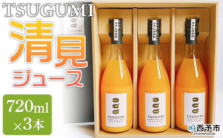 ＜TSUGUMI 清見ジュース 720ml×3本＞ 柑橘 みかん ミカン オレンジ 新鮮 ジュース ソフトドリンク 飲んで応援 のし対応可 お祝い 内祝い ギフト 贈答 贈り物 プレゼント 特産品 愛媛県 西予市【常温】『1か月以内に順次出荷予定』MHS0019