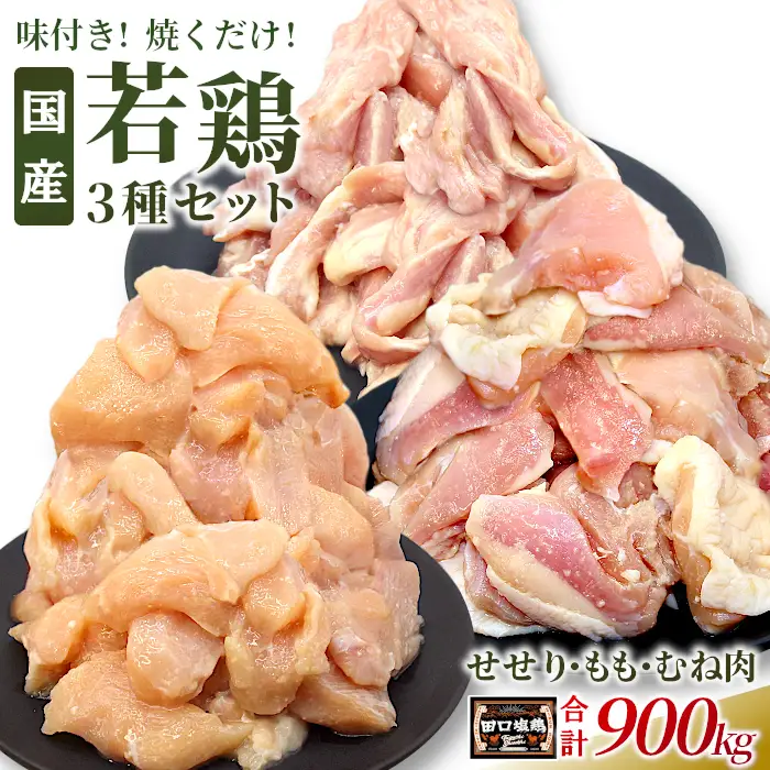 田口塩鶏 国産 若鶏味付け肉 3種セット 900g（もも肉250g×1・むね肉250g×1・せせり200g×２）もも肉 むね肉 塩ダレ 味付け肉 鶏肉 鶏 肉 奥三河どり キャンプ バーベキュー 味付け肉 大容量 地鶏 焼肉 焼き鳥 -169