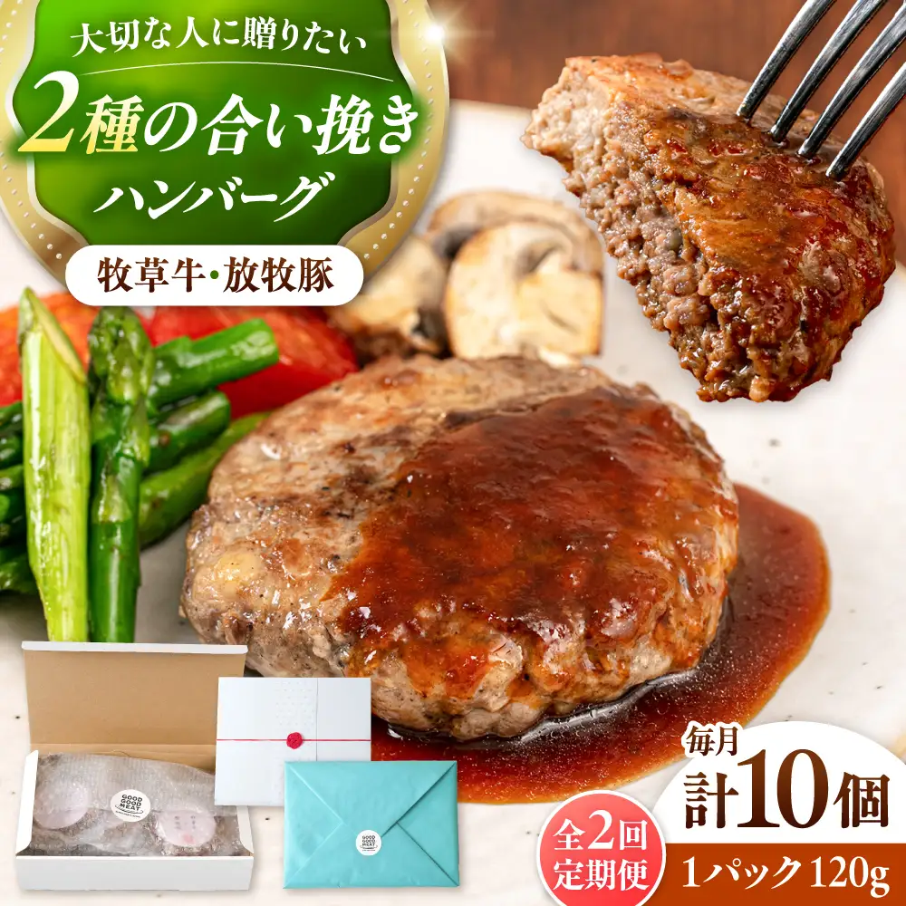 【全2回定期便】【牧草牛×放牧豚】ハンバーグ 10個 牛肉 豚肉 小分け 冷凍 北海道 [AXBP038]