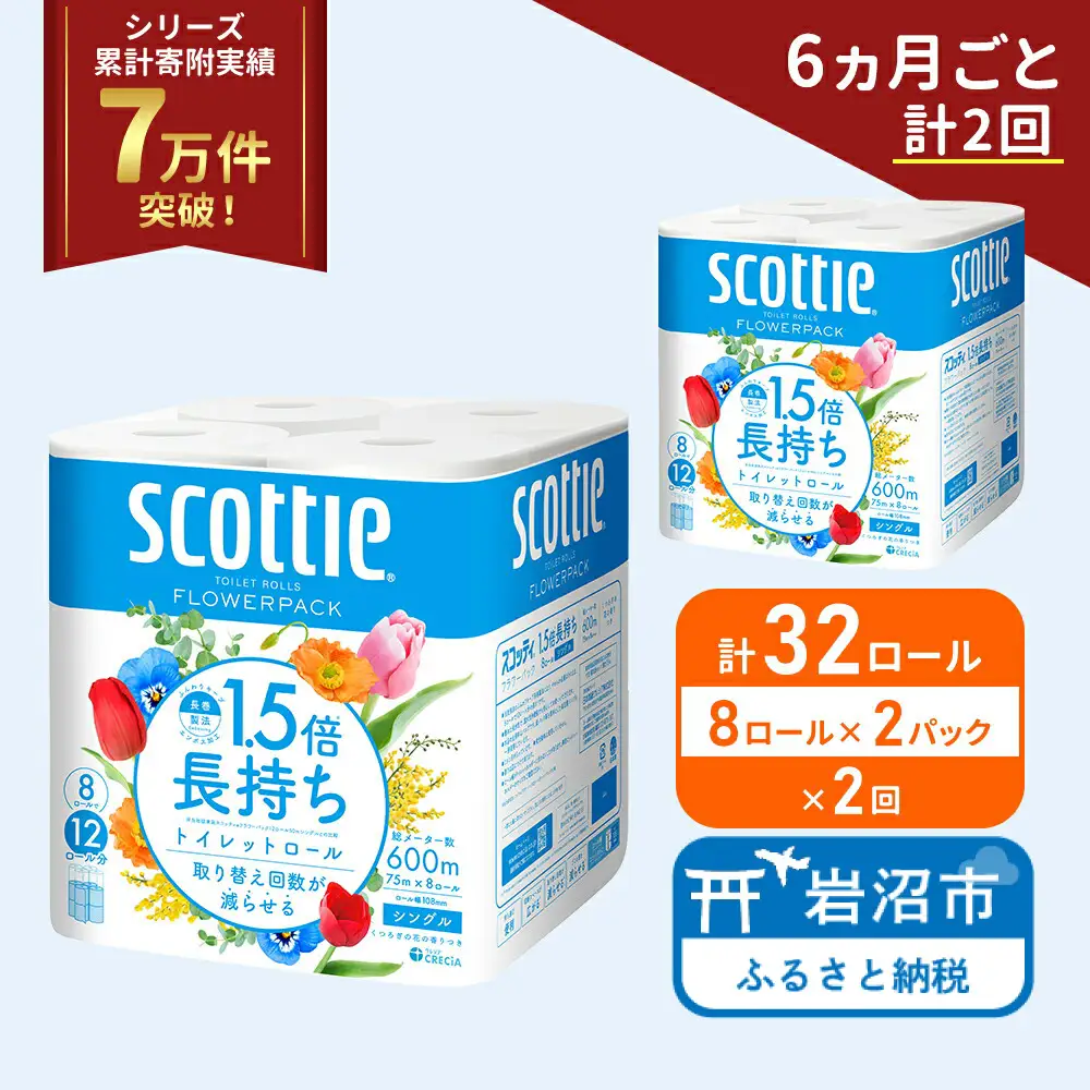 定期便 トイレットペーパー シングル スコッティ 1.5倍長持ち 32ロール ( 8ロール × 2パック)《 6ヶ月ごと 計  2回 》 フラワーパック 香り付き