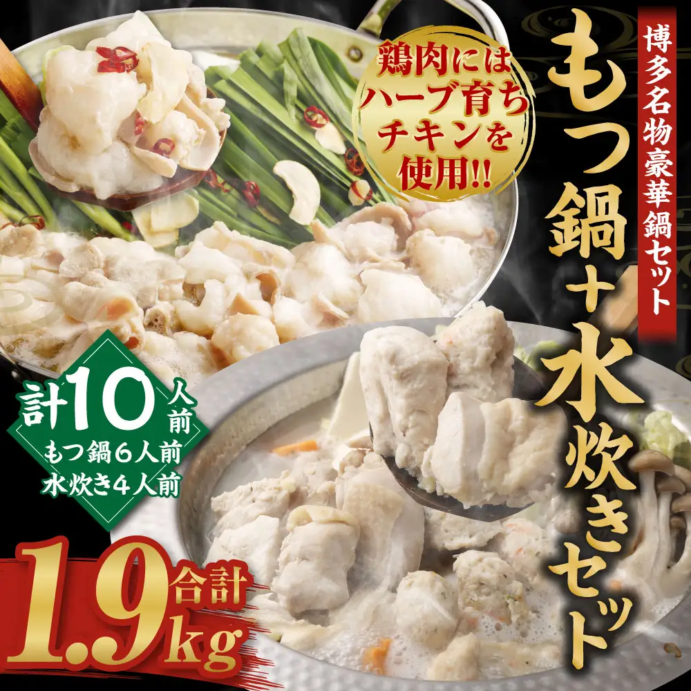国産黒毛和牛もつ鍋（醤油味）6人前 冷凍ちゃんぽん・濃縮スープ付＋ハーブ育ちチキン使用！水炊き4人前 合計10人前