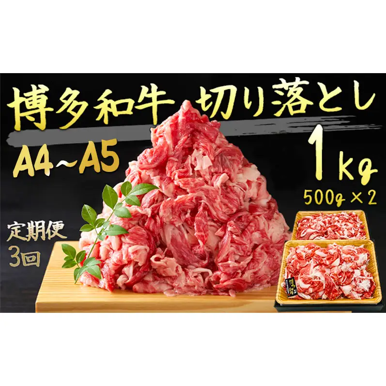 定期便 3ヶ月 牛肉 A4～A5 博多和牛 切り落とし 1000g (500g×2p) 黒毛和牛 肩ロース 赤身 バラ カルビ 小分け 大好評につき継続！3回 配送不可：離島