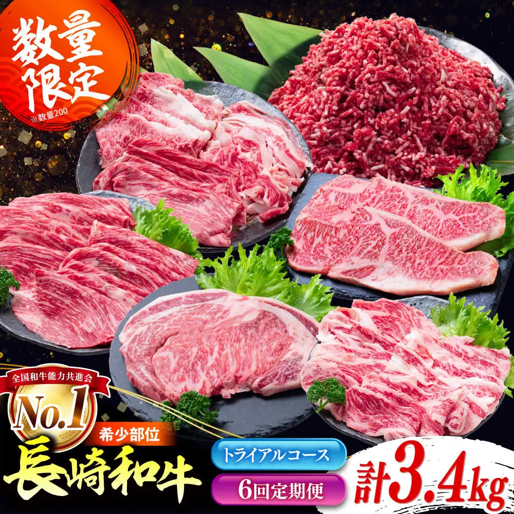 【6回定期便】長崎和牛 定期便　トライアルコース 計3.4kg お楽しみ 牛肉 バラエティ定期便 国産 / サーロイン カルビ ロース しゃぶしゃぶ 牛ミンチ リブロース / 南島原市 / 水田精肉店[SDZ042]