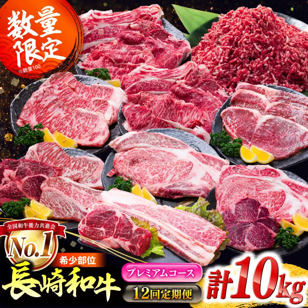 【12回定期便】希少部位 長崎和牛 定期便 プレミアムコース 計10kg お楽しみ 牛肉 バラエティ定期便 国産 / サーロイン もも カルビ ロース 焼き肉 すき焼き リブロースステーキ しゃぶしゃぶ 牛ミンチ ヒレ リブロース トモサンカク / 南島原市 / 水田精肉店[SDZ044]