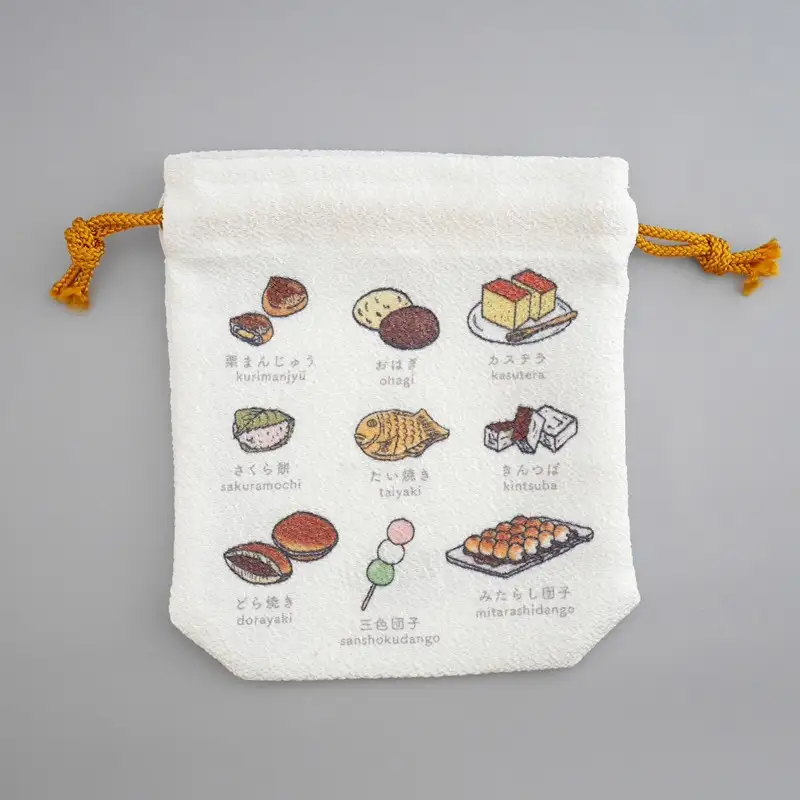 丹後ちりめん　にほんご巾着「wagashi（和菓子）」 サイズ：約13.5cm×17.5cm