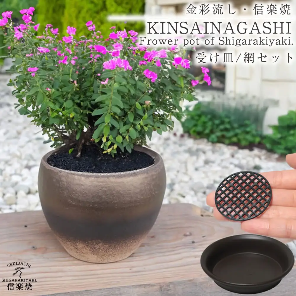信楽焼 陶器 植木鉢 受け皿＆ネット付き 【金彩色】 (168575-40037461-gl)