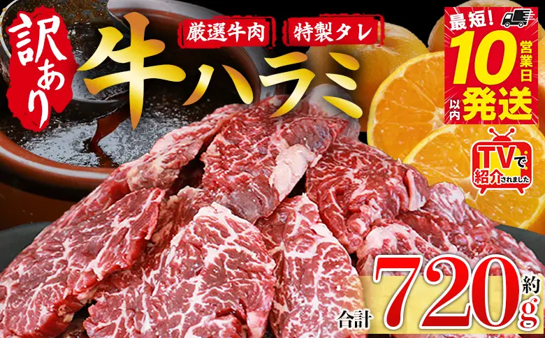 TVで紹介！＜秘伝の特製タレ仕込み！やわらか味付き 牛ハラミ 約720g（360g×2）＞ テレビ TV 訳あり はらみ ハラミ 赤身 大容量 牛肉 お肉 焼肉 BBQ 味付き タレ漬け 甘辛 レシピ 丼 献立 惣菜 おかず 簡単 グルメ 株式会社丸和 愛媛県 西予市【冷凍】『最短10営業日以内に順次出荷』MMW0004