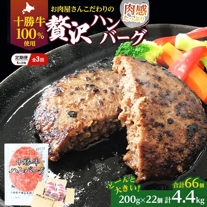定期便 手ごねハンバーグ 全3回 合計66個 十勝牛 ハンバーグ