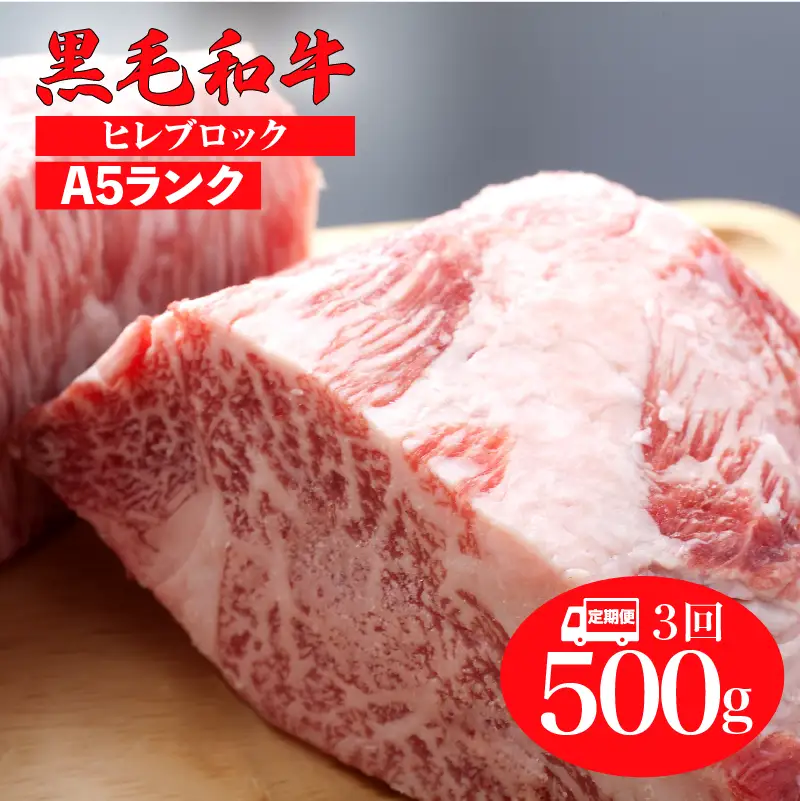 【3回定期便】国産 黒毛和牛 ヒレブロック 500g A5 ヒレブロック