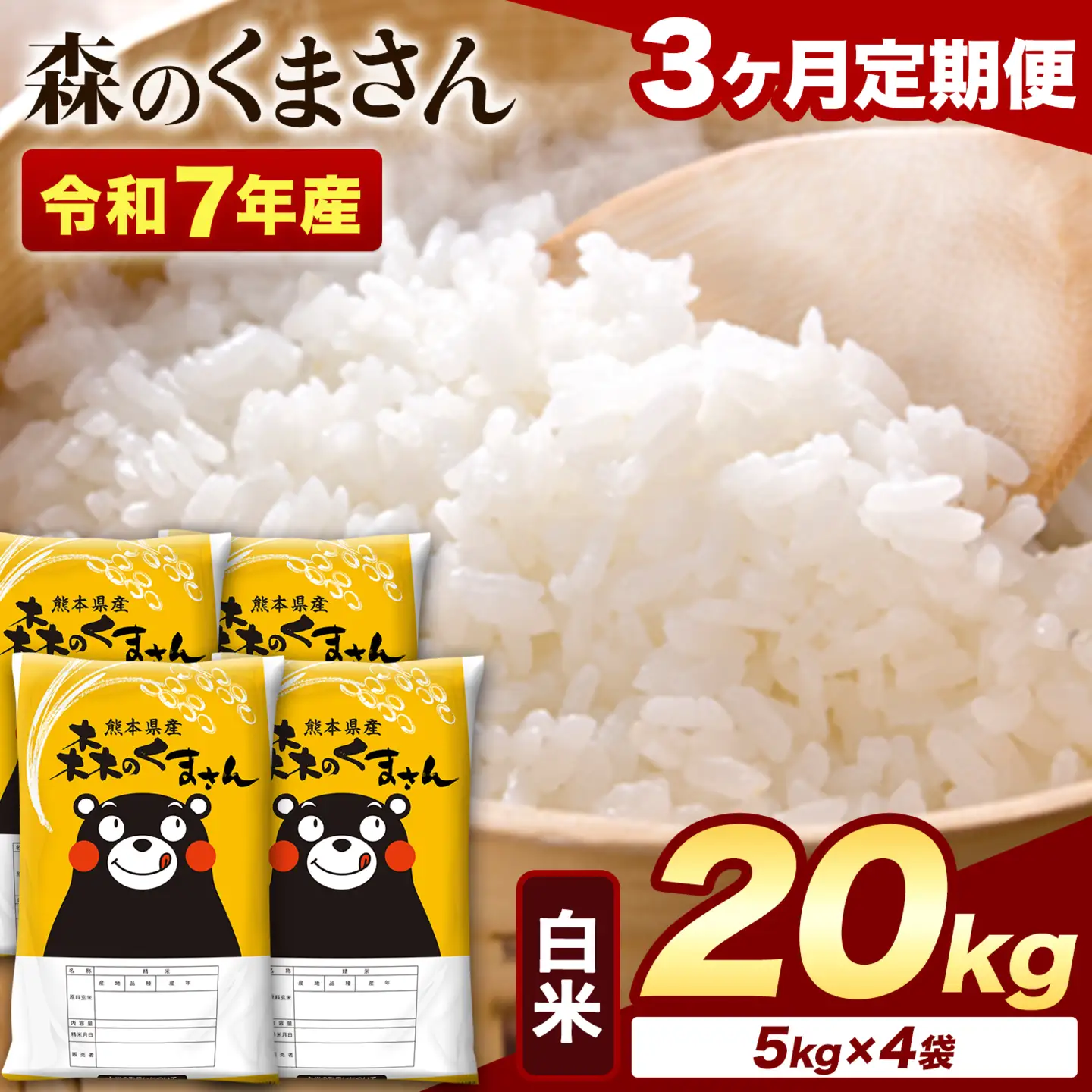 【3ヶ月定期便】令和7年産 白米 森のくまさん 20kg (5kg×4袋)《お申し込みの翌月から出荷》