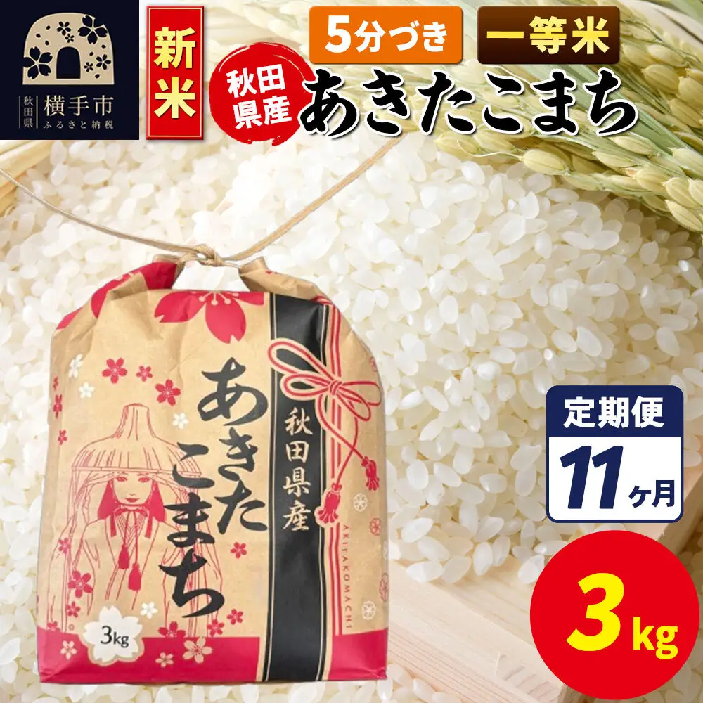 《新米》《定期便11ヶ月》あきたこまち 一等米 3kg×1袋【5分づき】令和8年産 秋田県産 こまちライン
