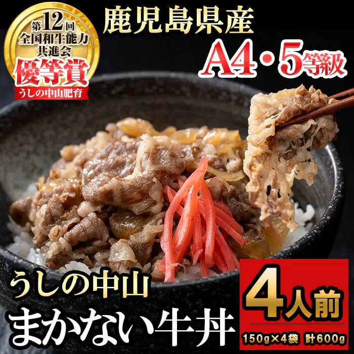 CHUZANのまかない牛丼4人前 計600g(150g×4袋) 牛肉 牛 丼ぶり 肉 簡単調理 黒毛和牛 おかず 冷凍 煮込み鹿児島県産 鹿児島産 a1-134