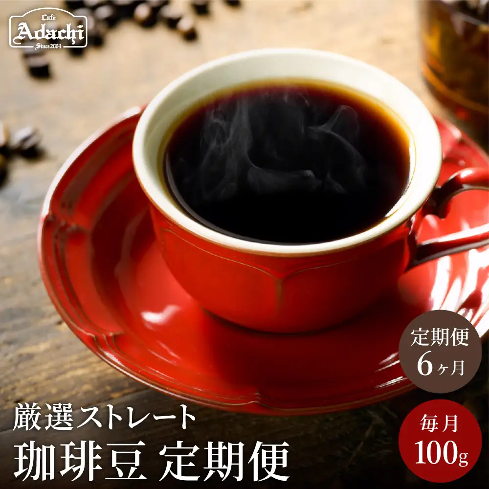 【定期便】関市　コーヒー豆　カフェアダチ　コクのある　厳選ストレートコーヒー　６ヶ月定期便　１００g/カフェアダチ　珈琲　コーヒー　自家焙煎　COFFEE　焙煎　豆　粉にもできます　