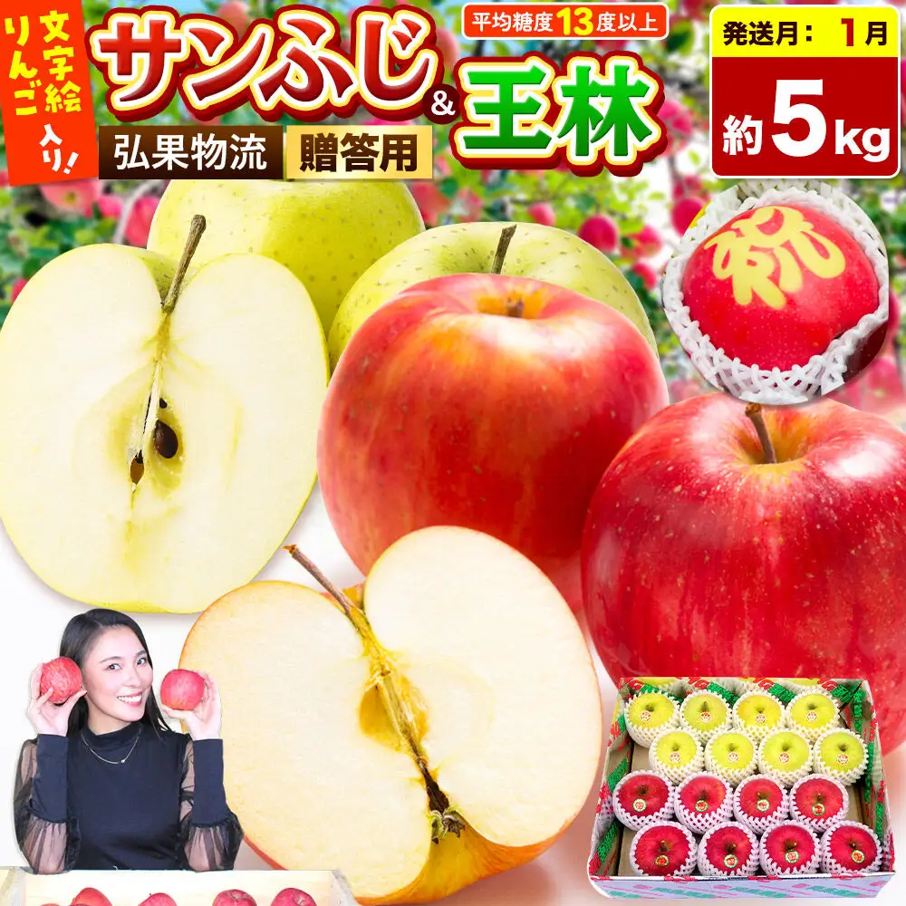 【27年1月発送】りんご 贈答用 サンふじ・王林＋文字絵入りりんご1個 約5kg