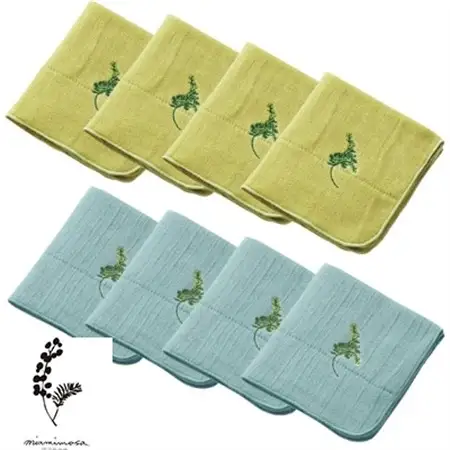 刺繍高吸水ガーゼハンカチ8枚セット(四重織シャリ感ガーゼ)和泉木綿　ミモザの花の刺繍入り【1211121】