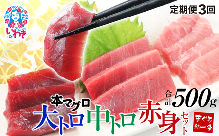 【定期便/隔月/計3回】本マグロ大トロ中トロ赤身セット500g まぐろ
