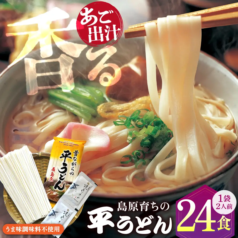 焼あご スープ と 島原育ちの 平うどん 24食 (2人前×12袋) / 手延べうどん うどん ウドン 饂飩 麺 めん 乾麺 / 南島原市 / こじま製麺[SAZ026]