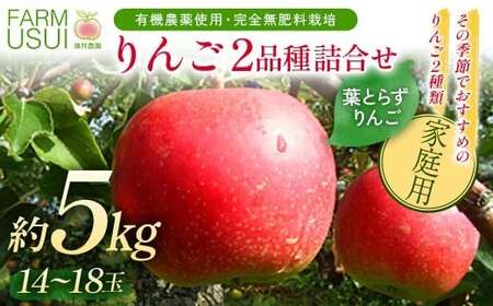 家庭用 有機農薬使用・完全無肥料栽培「りんご2品種詰合せ」葉とらずりんご約5kg（14～18玉） F7X-0872