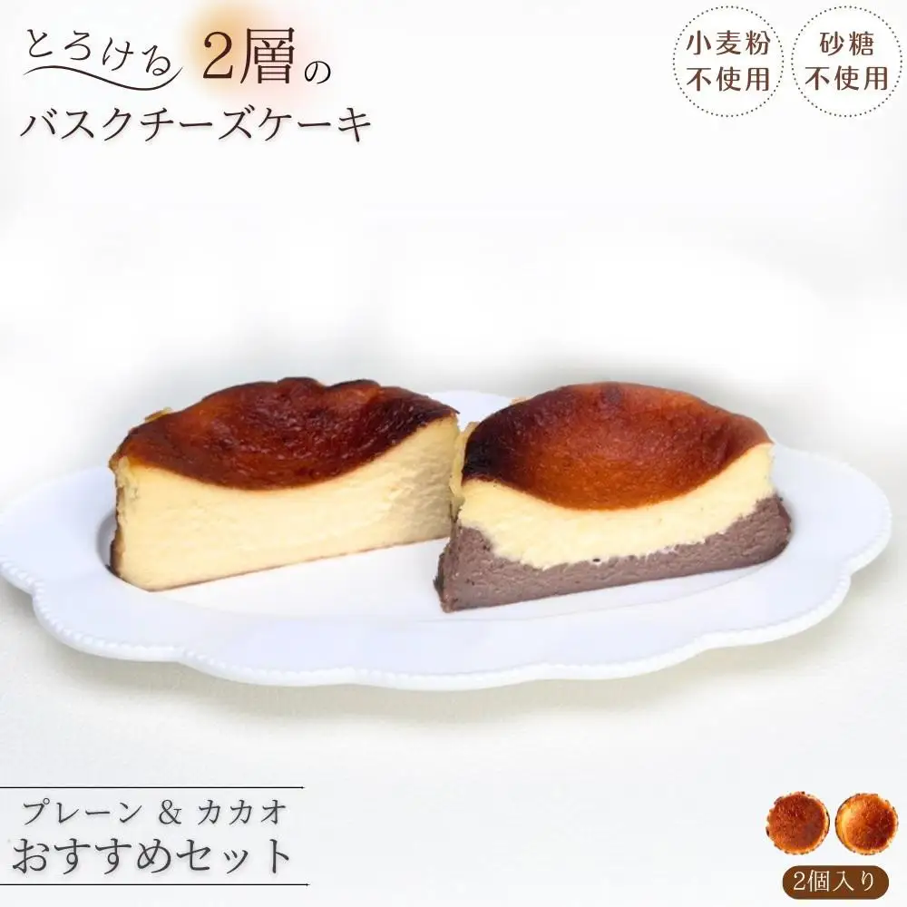 とろける2層のバスクチーズケーキ2個セット（プレーン・カカオ）